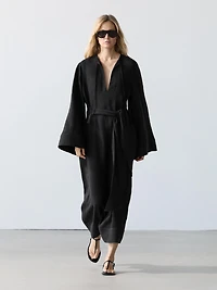 100% linen midi dress with tie detail
