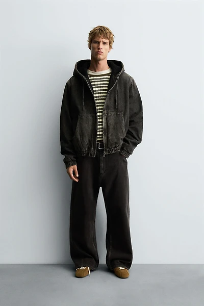 FLEECE LINED DENIM JACKET WITH HOODIE
