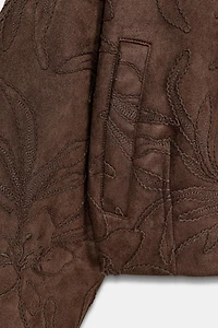 EMBROIDERED FAUX SUEDE BOMBER JACKET