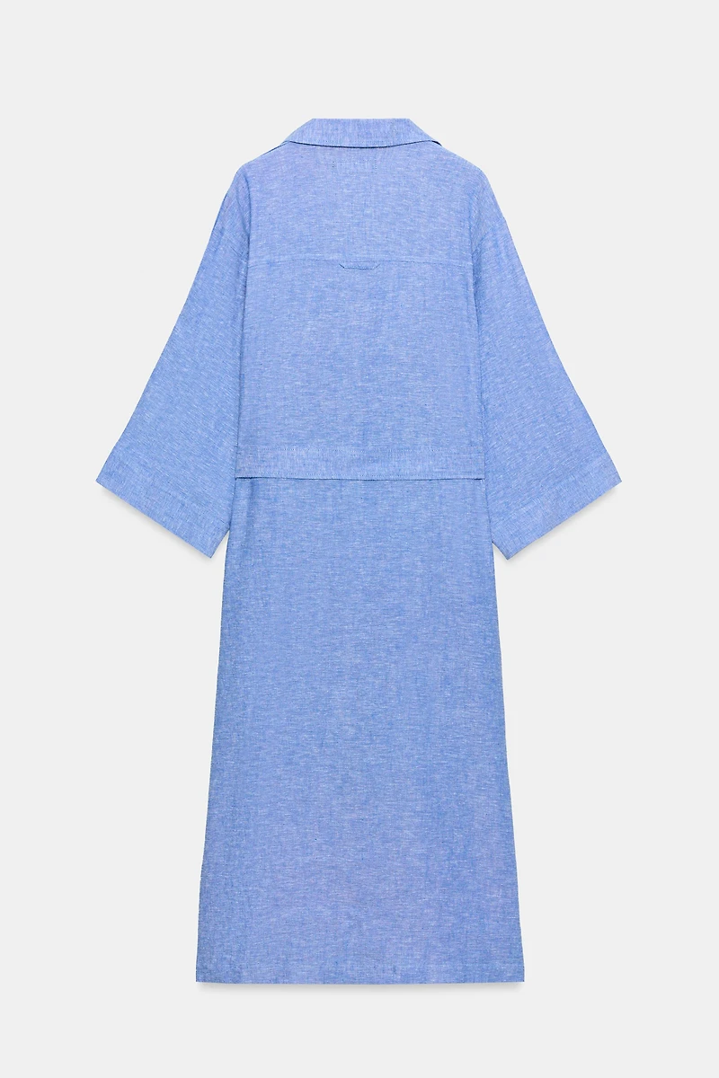 BELTED LINEN BLEND MIDI DRESS