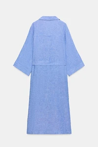 BELTED LINEN BLEND MIDI DRESS