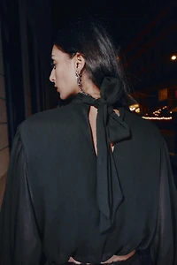 DRAPED SEMI-SHEER PUFF SLEEVE TOP