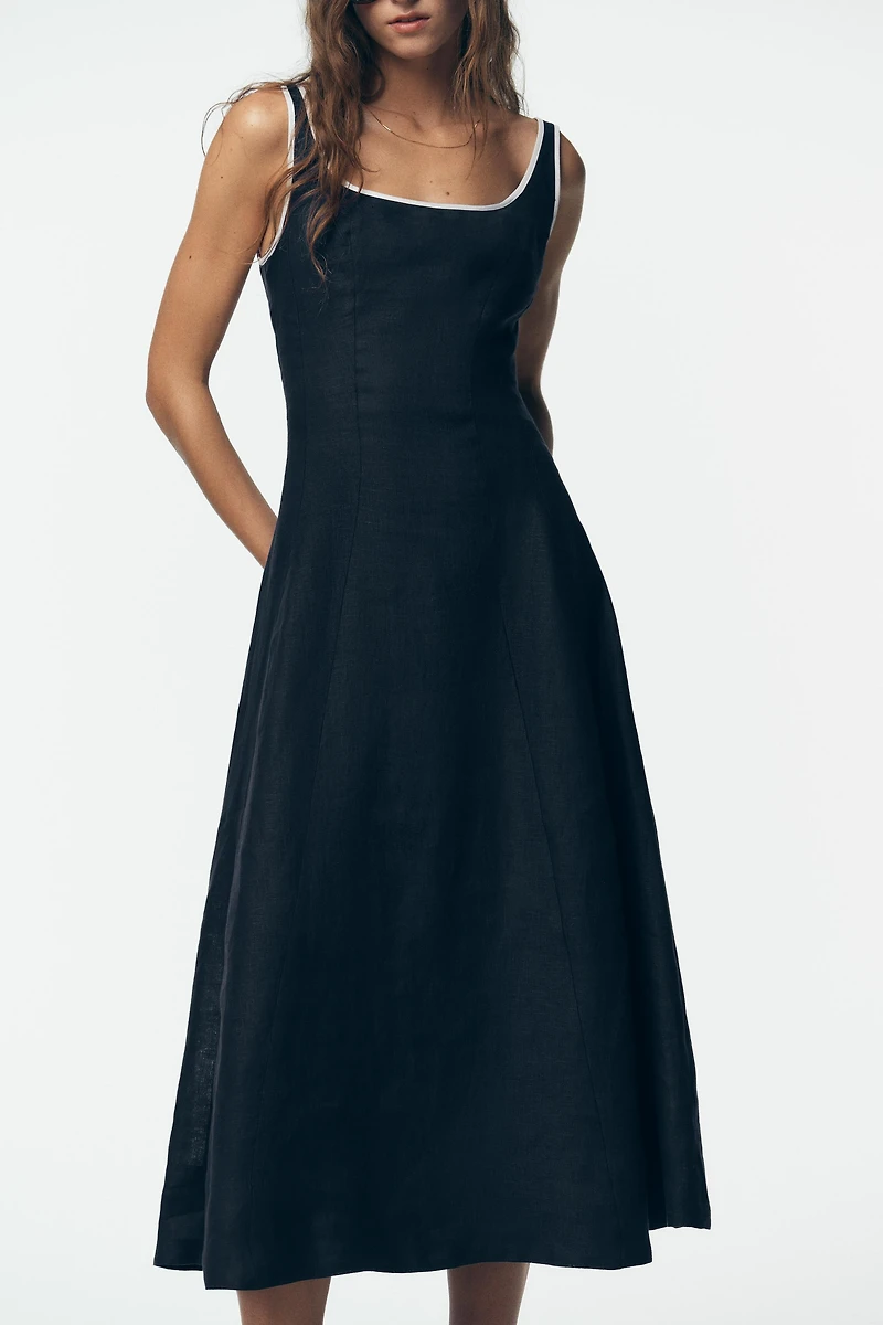CONTRAST PIPING LINEN MIDI DRESS