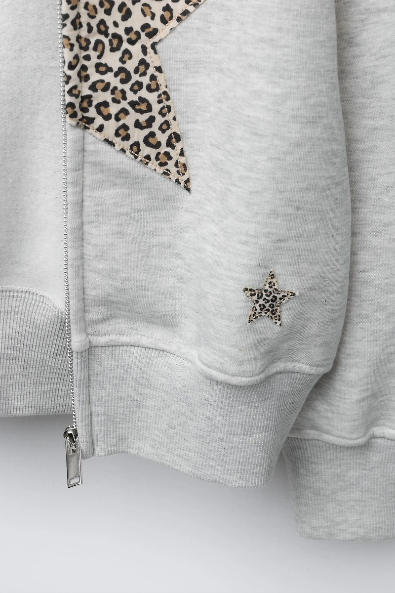 ZIP-UP ANIMAL PRINT STAR SWEATSHIRT