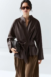 Wrap-front nappa leather jacket with tie detail