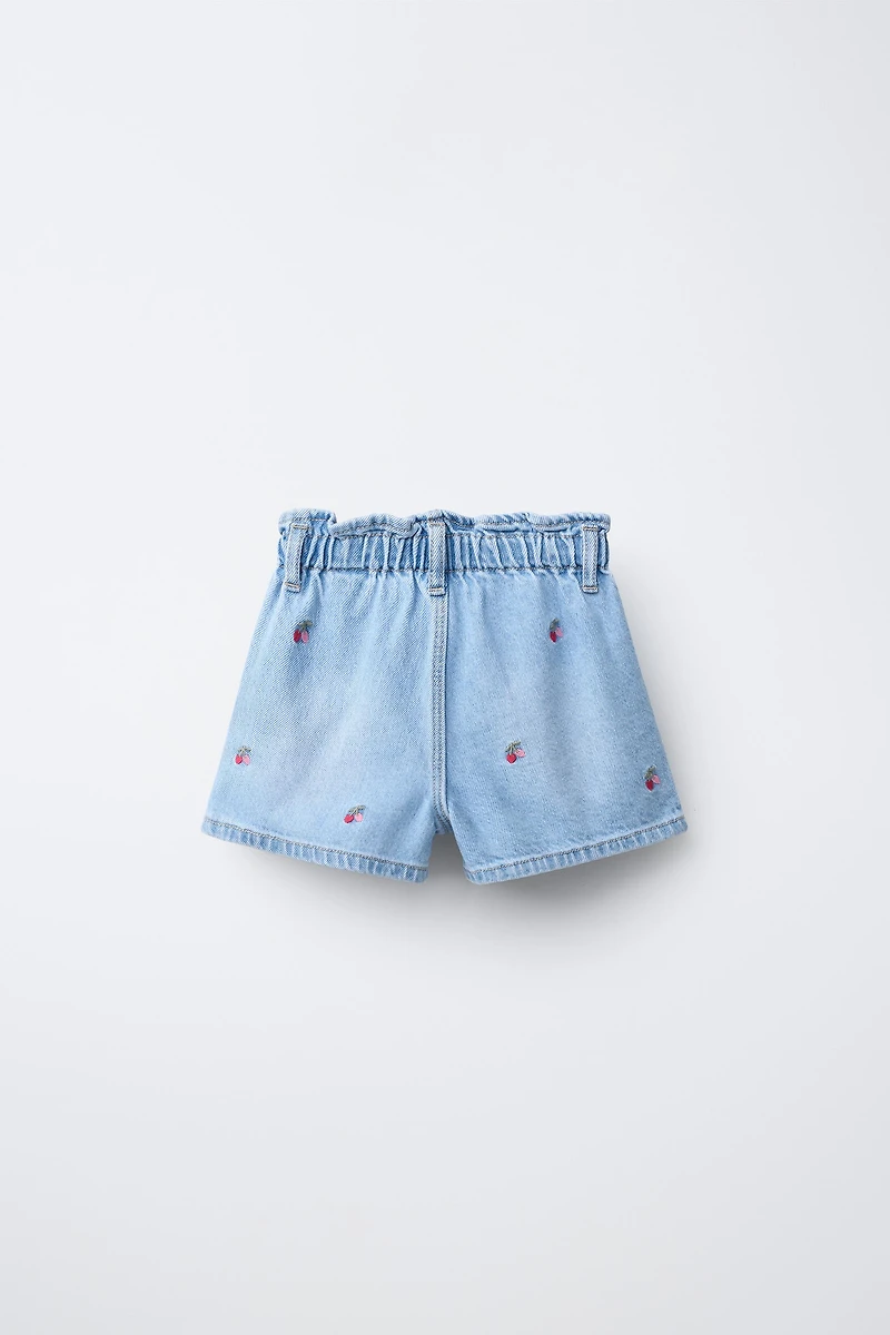 EMBROIDERED CHERRY PAPERBAG DENIM SHORTS