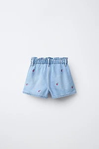 EMBROIDERED CHERRY PAPERBAG DENIM SHORTS