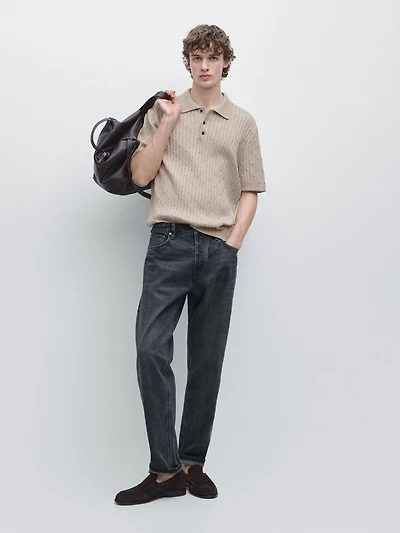 Cotton blend cable-knit polo sweater