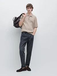 Cotton blend cable-knit polo sweater