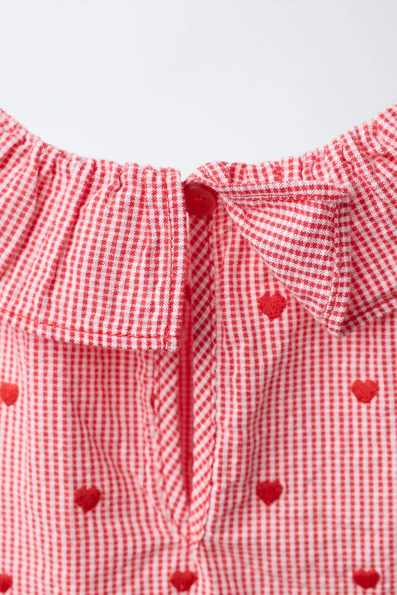 PLAID TOP WITH EMBROIDERED HEARTS
