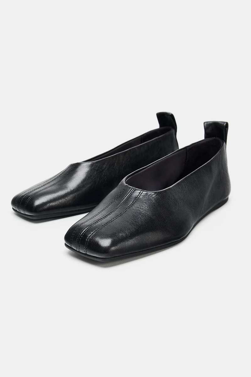 SQUARE TOE LEATHER BALLET FLATS