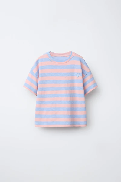STRIPED T-SHIRT WITH FLOWER PATCH