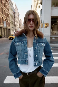 Z1975 FAUX FUR LAPEL CROPPED DENIM JACKET