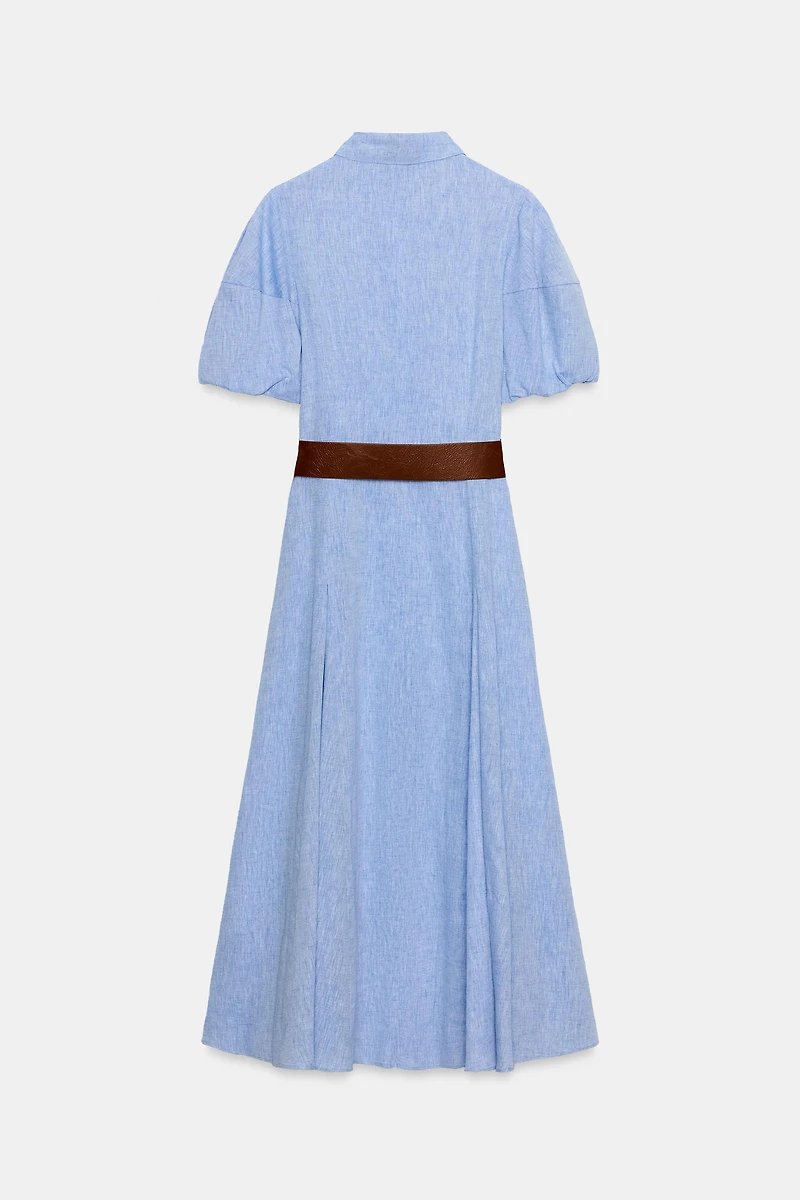 BELTED LINEN MIDI DRESS