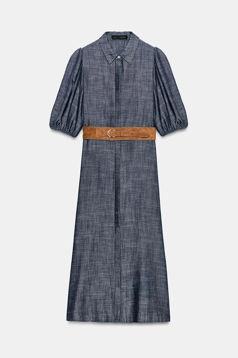 LINEN BLEND MIDI DRESS WITH BELT