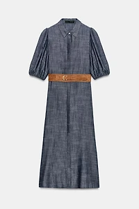 LINEN BLEND MIDI DRESS WITH BELT