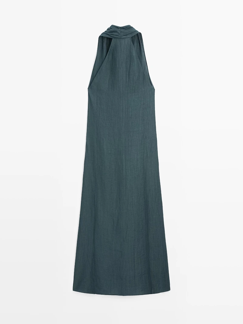 Linen blend midi dress with V-neckline