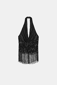 SEQUIN FRINGE HALTER TOP