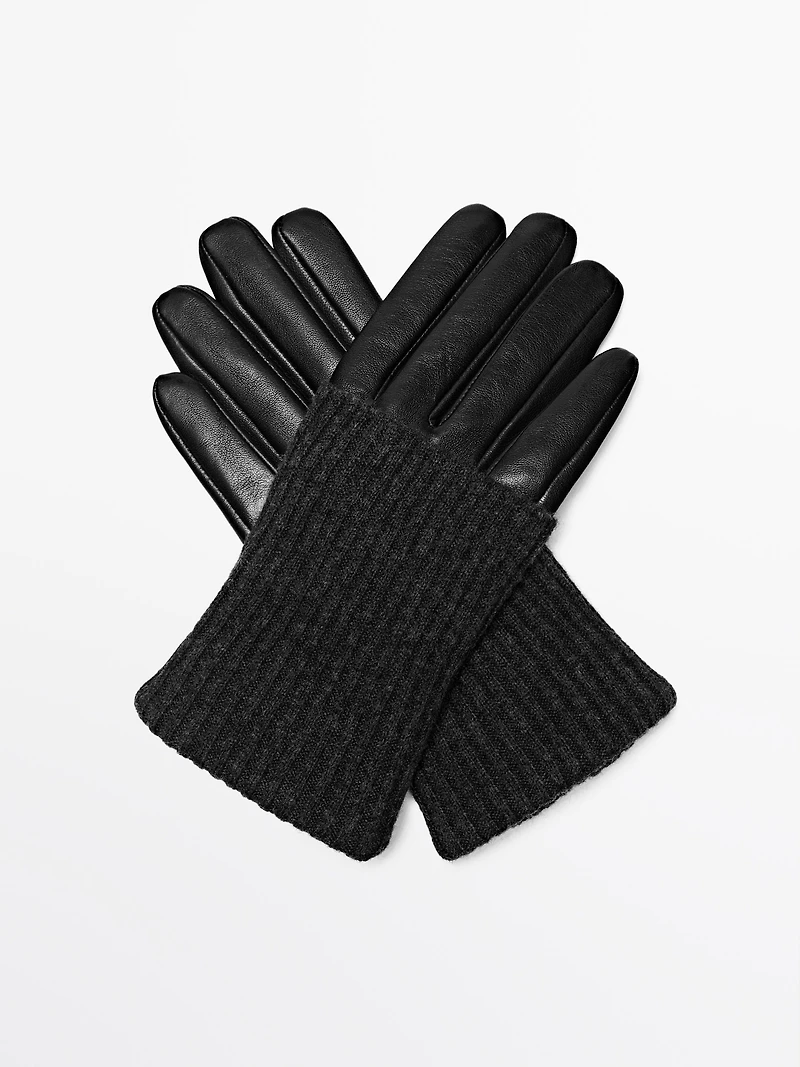 Gants bi-matière en cuir nappa et maille