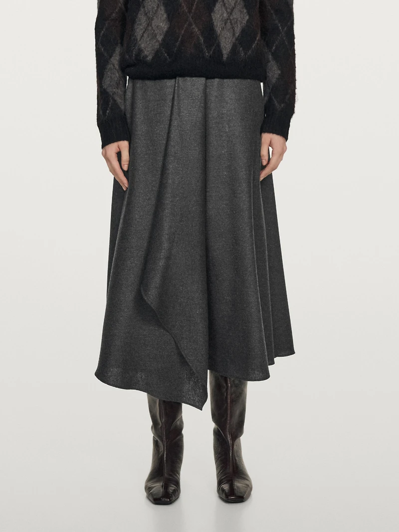Jupe midi ample plissée en laine mélangée