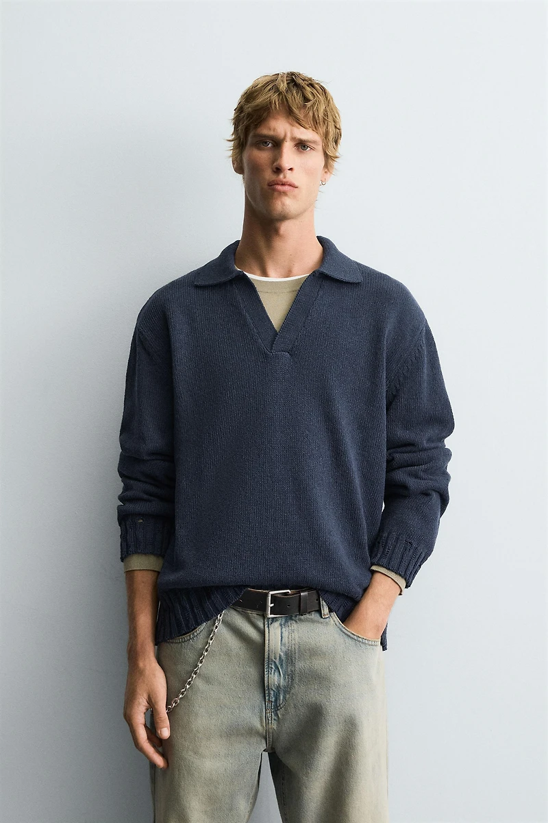 DISTRESSED KNIT POLO