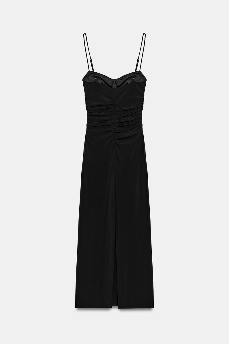 ROBE MI-LONGUE À BRETELLES ET PLIS