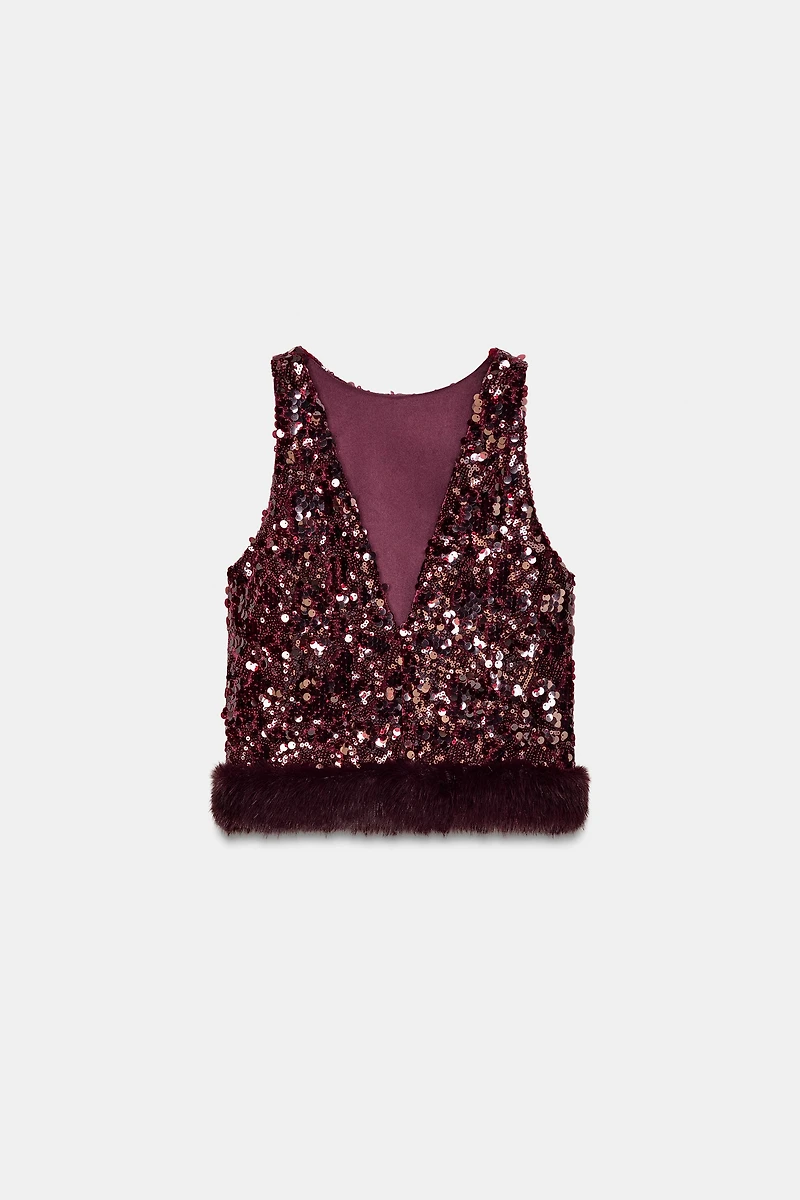 SEQUIN TOP WITH FAUX FUR HEM