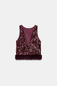 SEQUIN TOP WITH FAUX FUR HEM