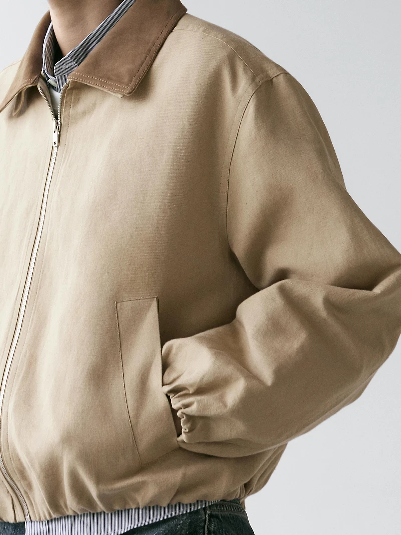Short suede leather jacket with collar detail