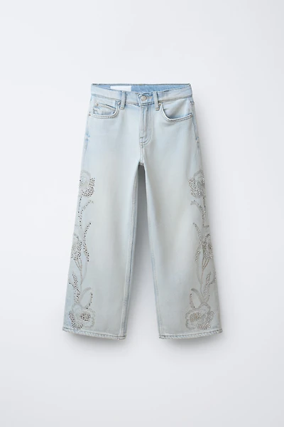 RHINESTONE FLORAL WIDE LEG JEANS