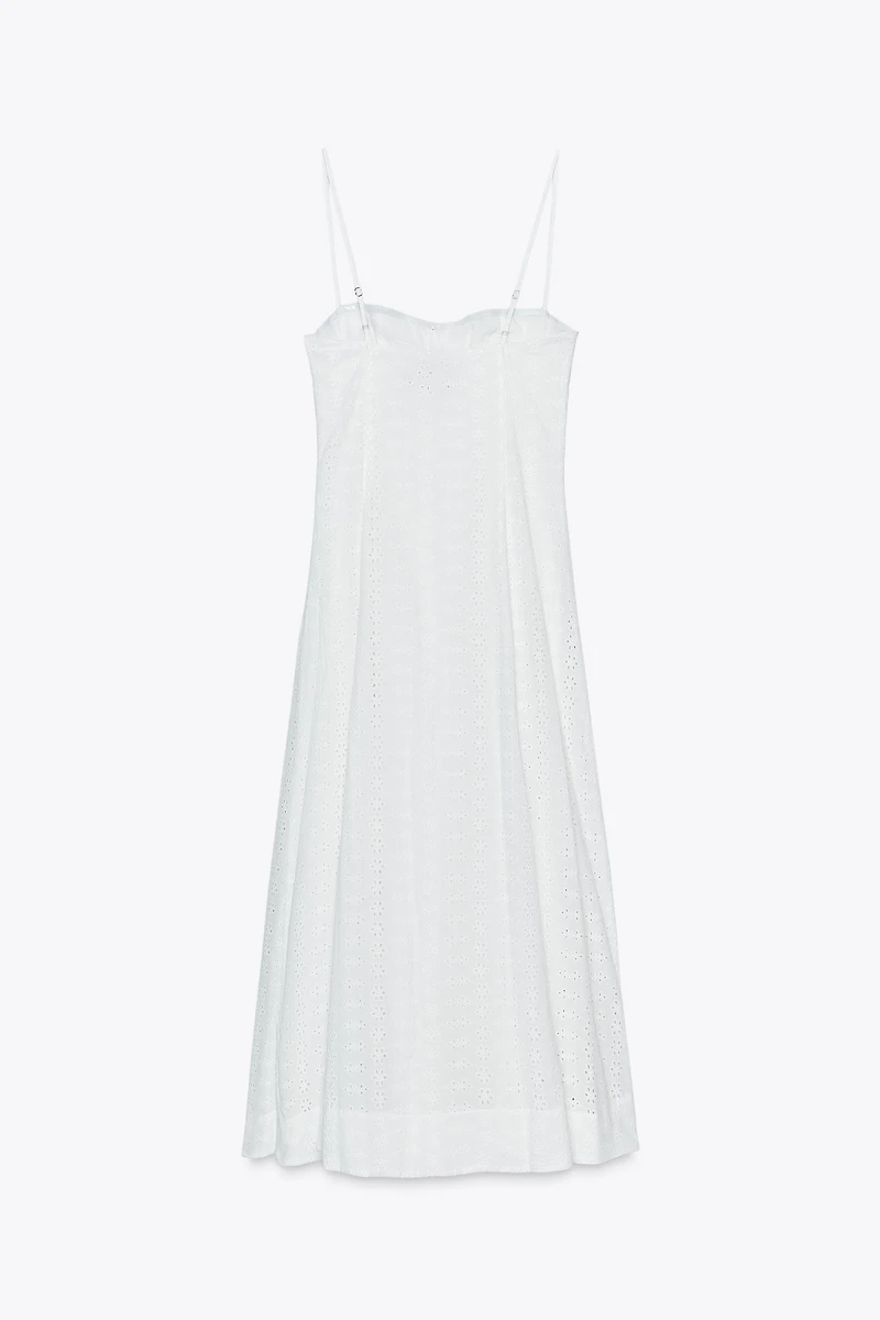 EMBROIDERED EYELET CORSET MIDI DRESS