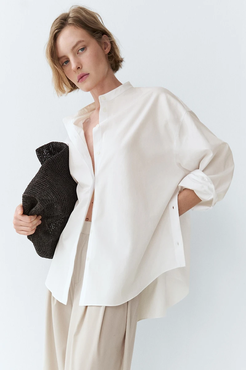 Poplin shirt with stand collar