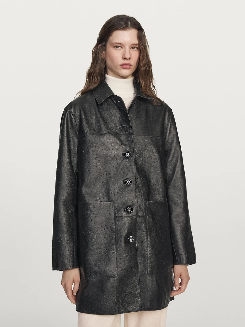 Long textured nappa leather coat