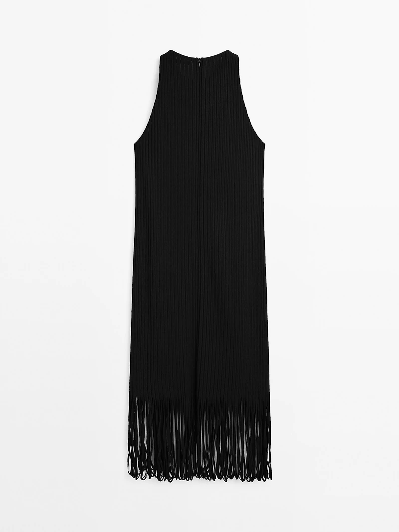 Textured knit dress with fringed hem