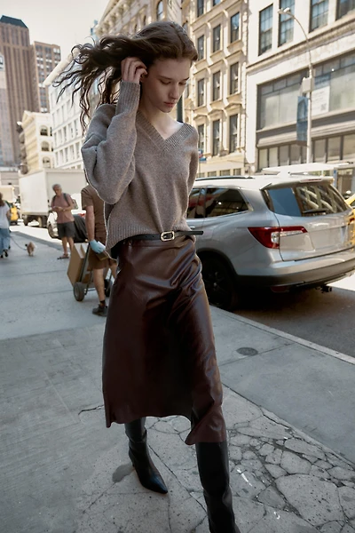 FAUX LEATHER BELTED MIDI SKIRT