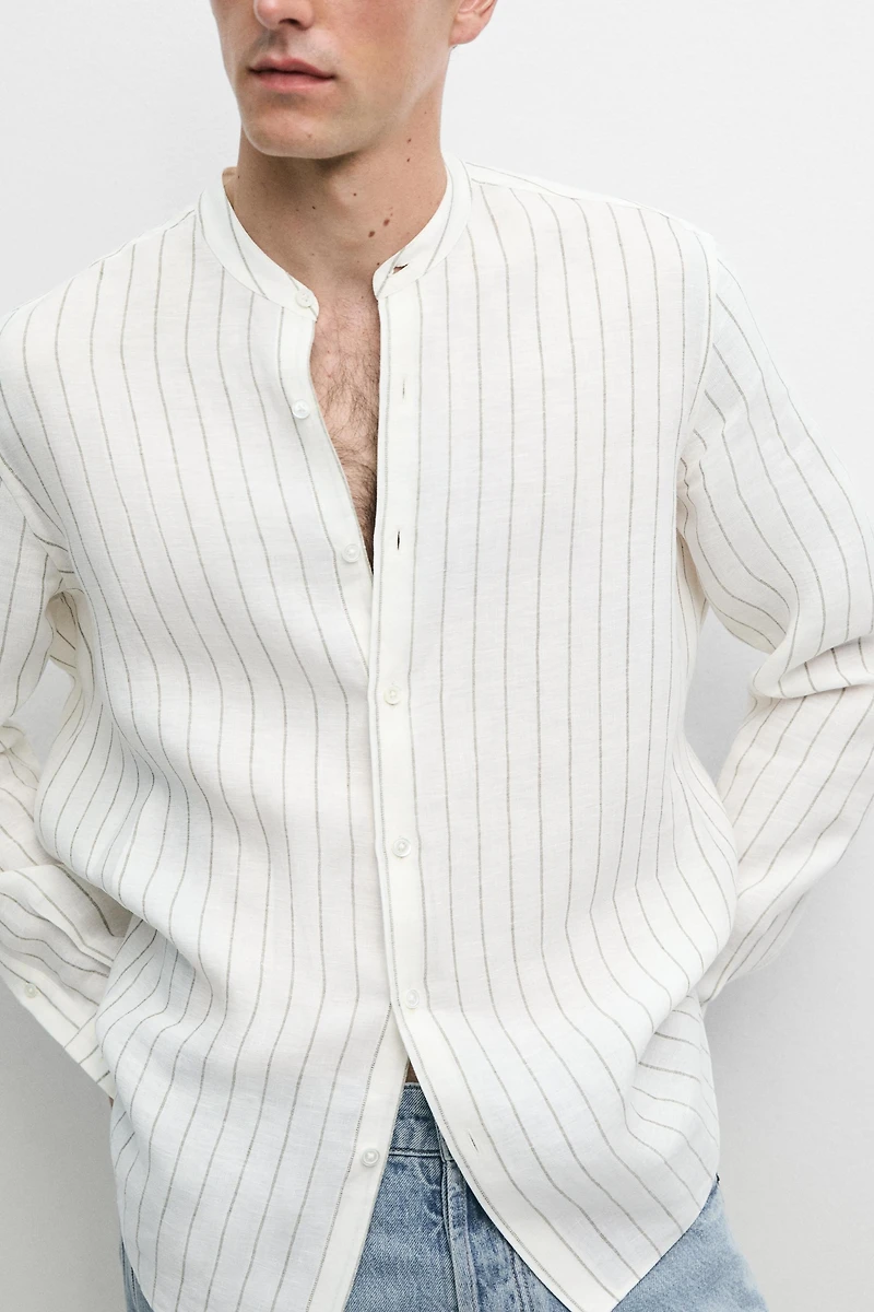 Chemise rayée 100 % lin à col officier