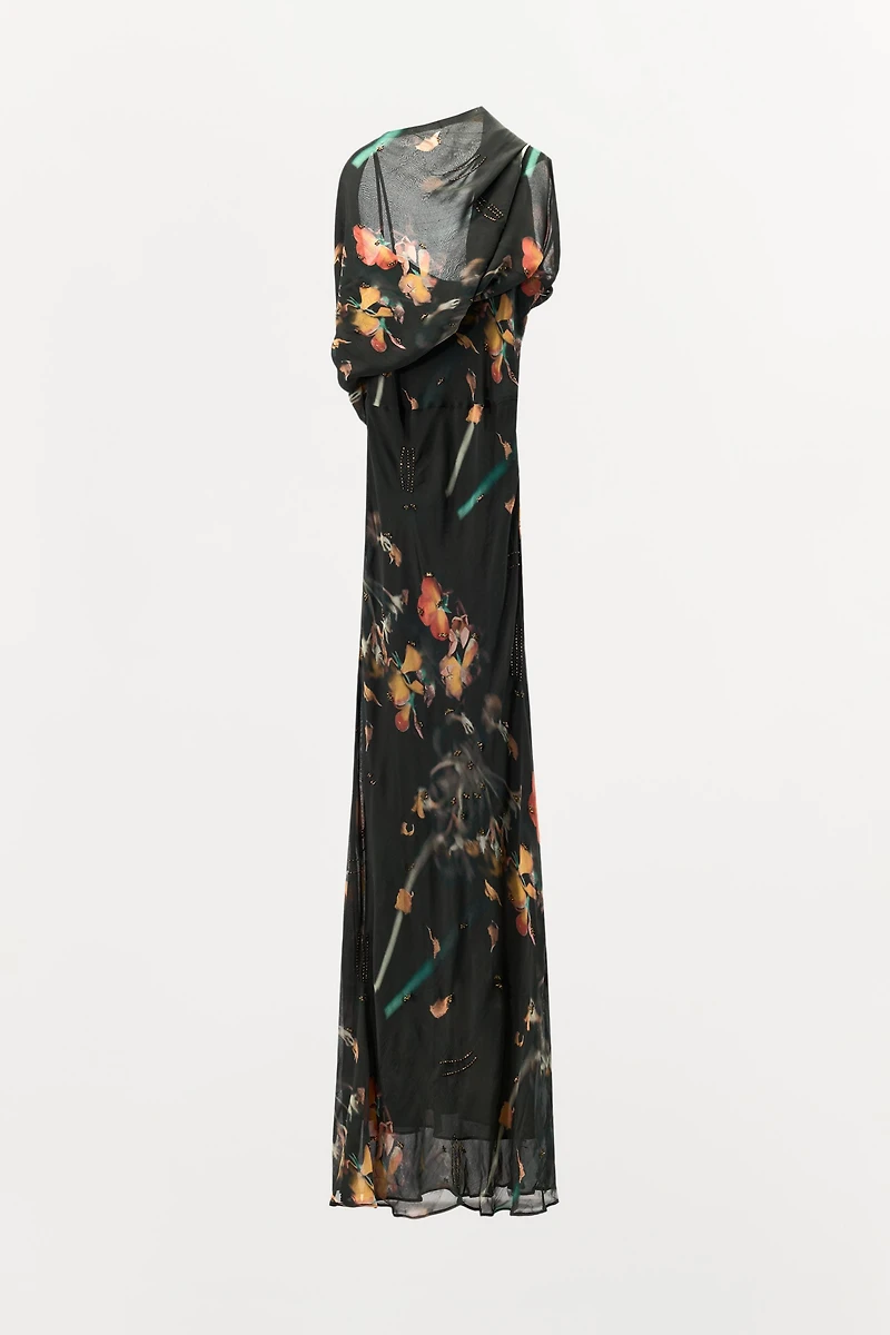 BEADED PRINTED CAPE DRESS