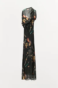 BEADED PRINTED CAPE DRESS