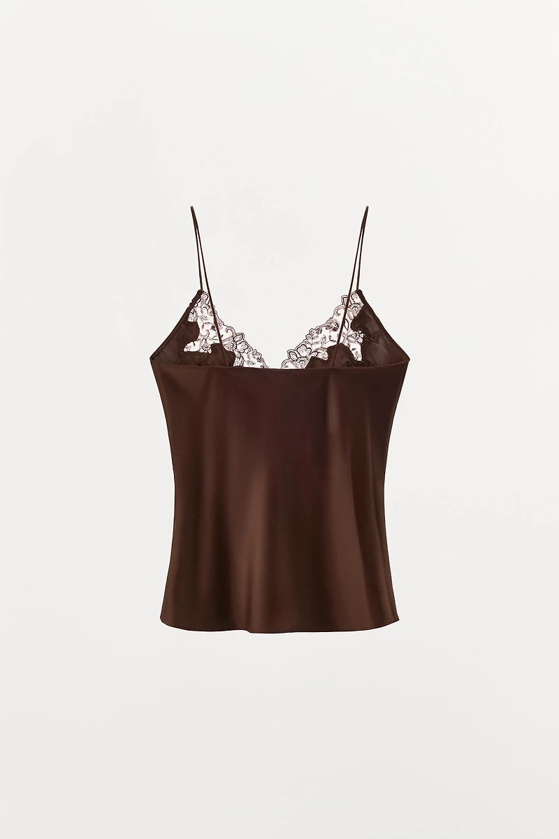 SATIN EFFECT EMBROIDERED LACE TOP