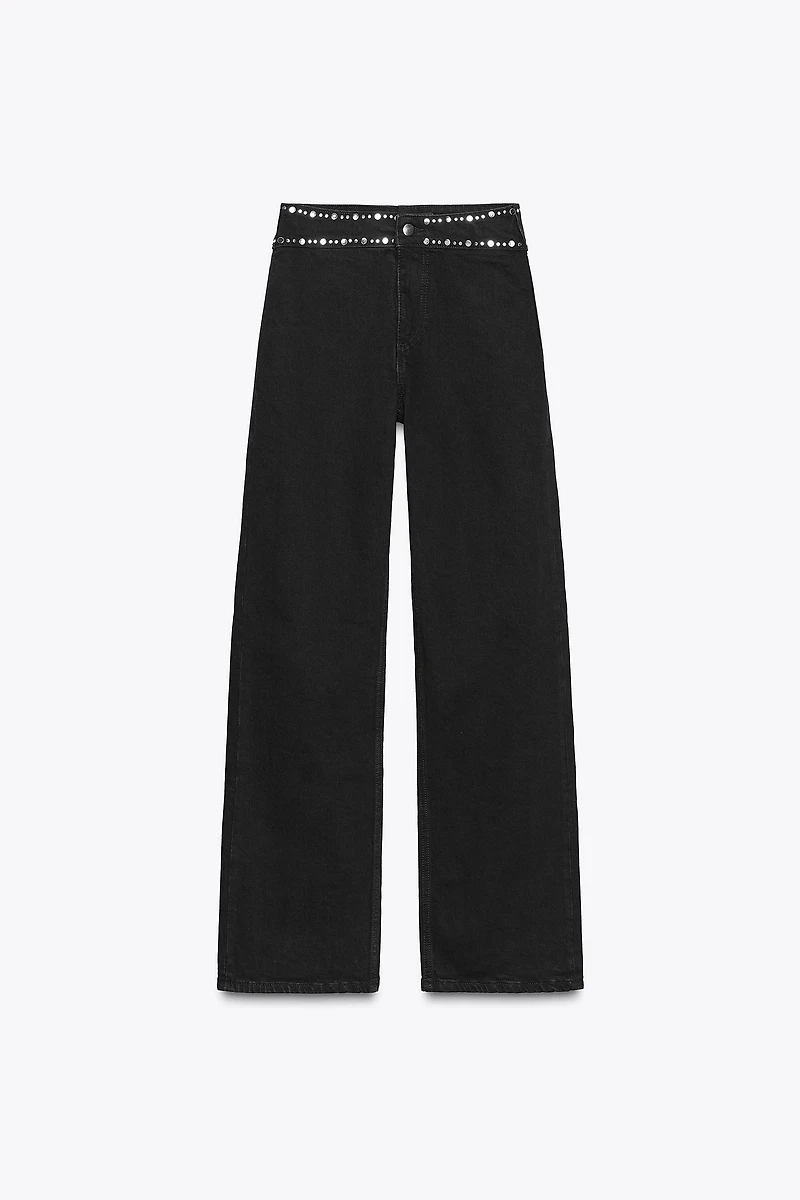 Z1975 HIGH WAIST STRAIGHT LONG LENGTH JEANS WITH STUDS