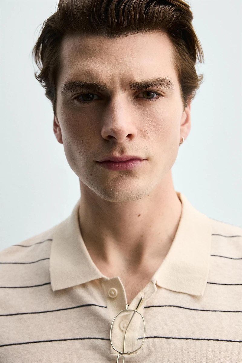 STRIPED LINEN-COTTON KNIT POLO SHIRT