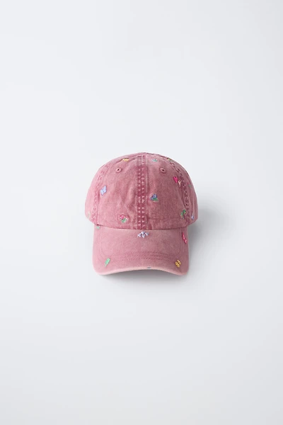 WASHED EFFECT EMBROIDERED FLORAL CAP