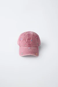 WASHED EFFECT EMBROIDERED FLORAL CAP