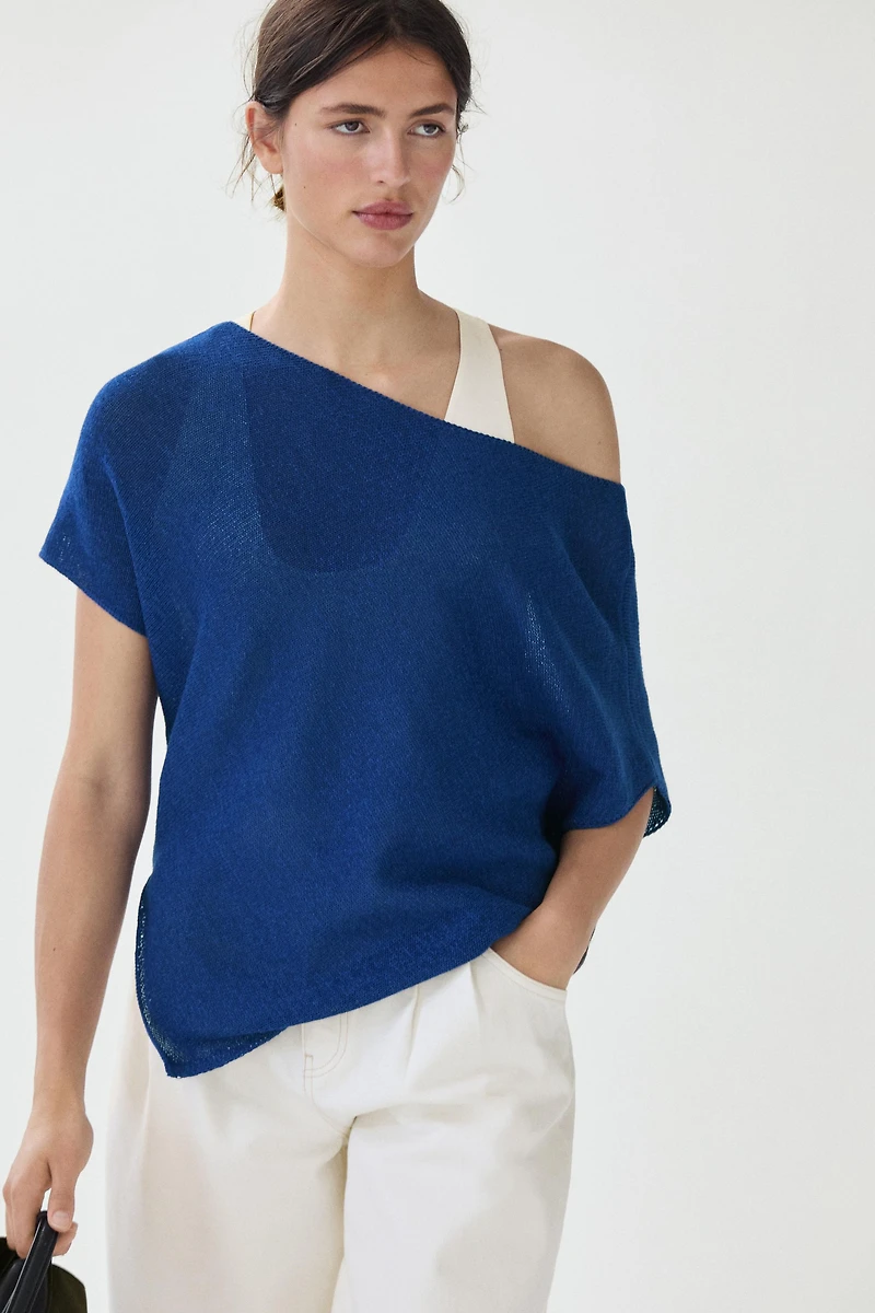Asymmetric short sleeve linen T-shirt