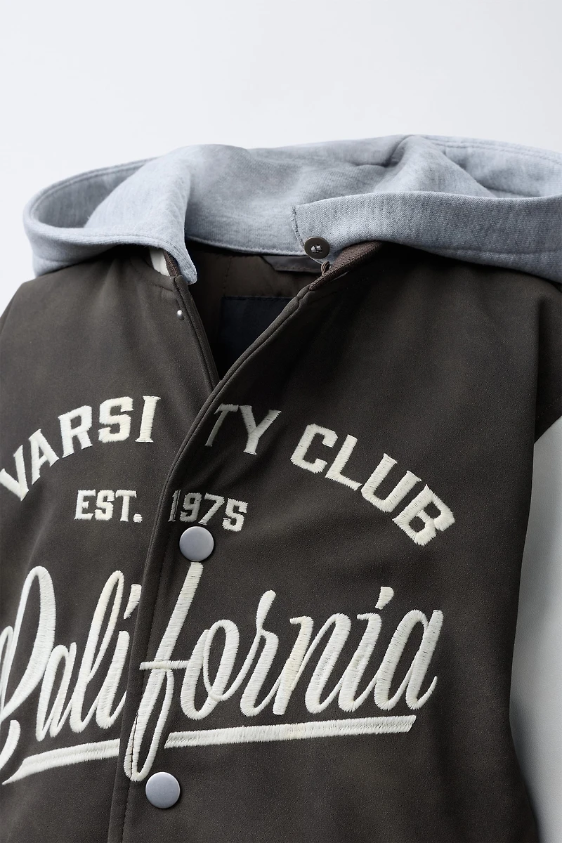 HOODIE BOMBER JACKET WITH FAUX LEATHER SLEEVES