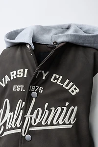 HOODIE BOMBER JACKET WITH FAUX LEATHER SLEEVES