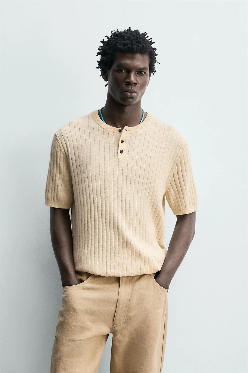 COTTON - LINEN RIB KNIT HENLEY SHIRT