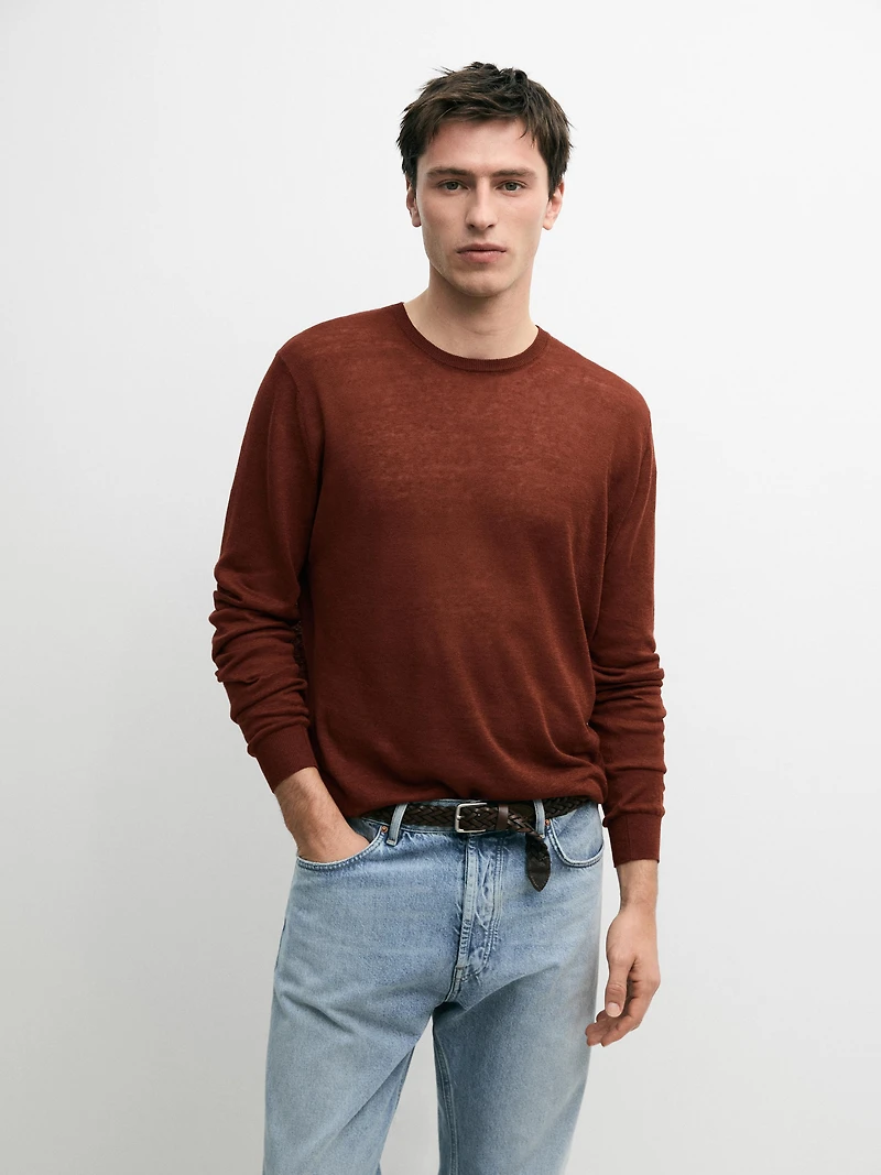 Linen and cashmere knit crew neck sweater