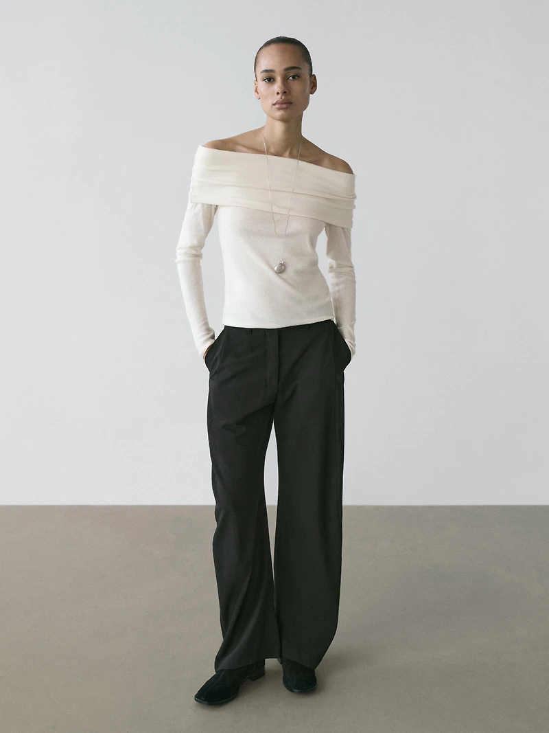 Cotton blend off-the-shoulder T-shirt