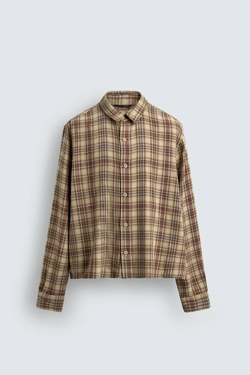 PLAID SHIRT WITH DISTRESSED EFFECTS